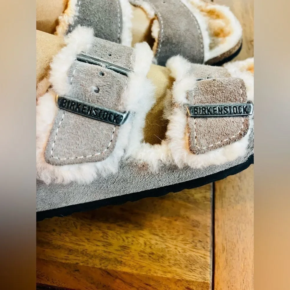 Birkenstock Arizona Shearling slide sandals featuring grey suede Size 40 (9-9.5)